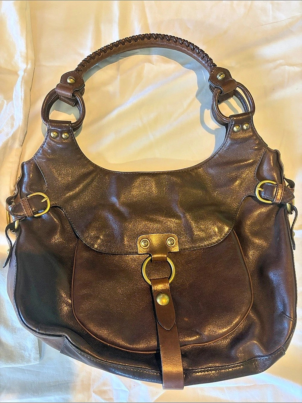 FRYE DB520 Dark Brown Italian Leather Shoulder Bag Purse w/ Dust Bag